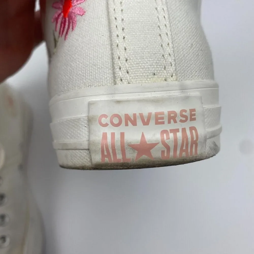 Floral Converse All Star Mid Top Shoes Woman's Size 10 White Embroidered Shoes - Picture 10 of 12